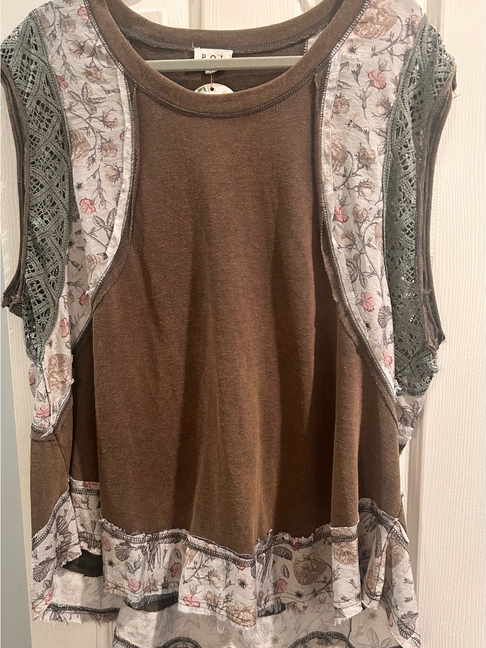 POL Brown Mixed-Print Sleeveless Tank with Olive Lace Panels